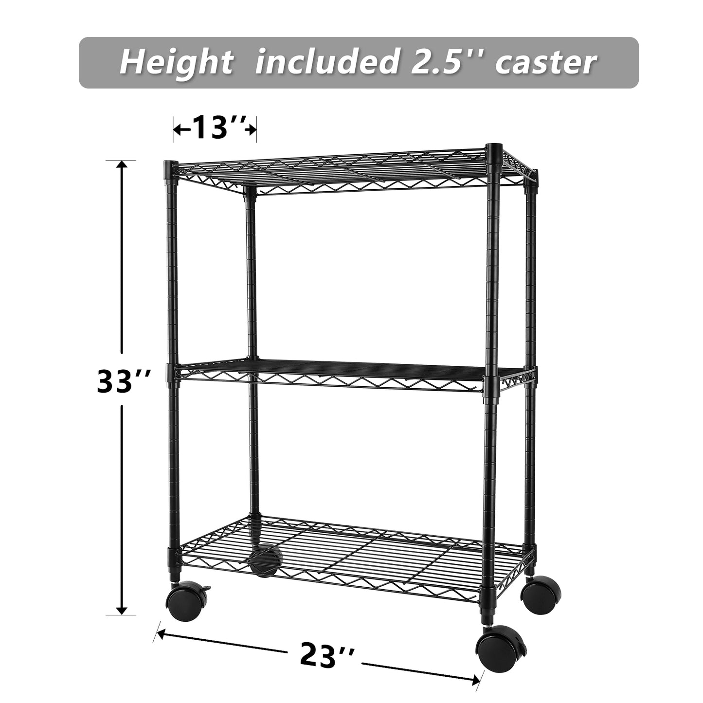 Simplelux 3-Tier Shelving Adjustable Storage Rack with wheels, Black