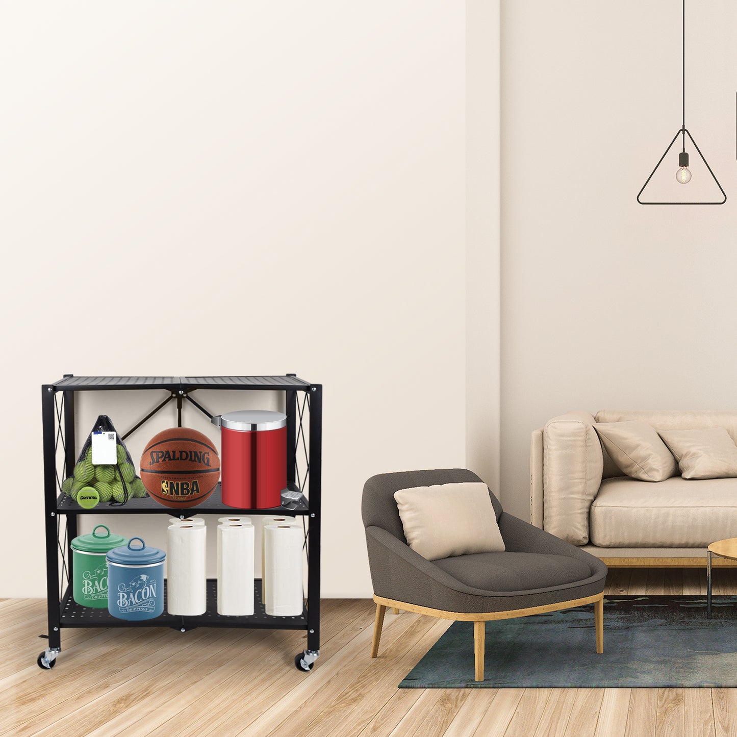 Simplelux 3-Tier Foldable Metal Rack Storage Shelving with Wheels