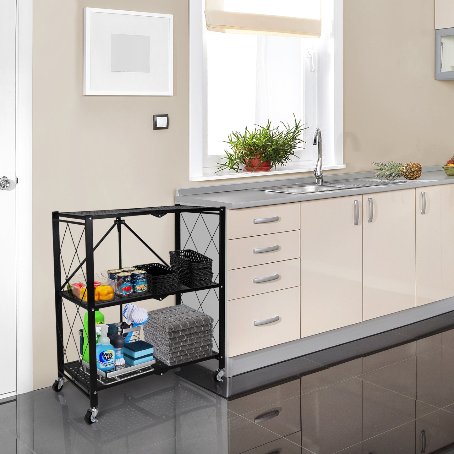 Simplelux 3-Tier Foldable Metal Rack Storage Shelving with Wheels