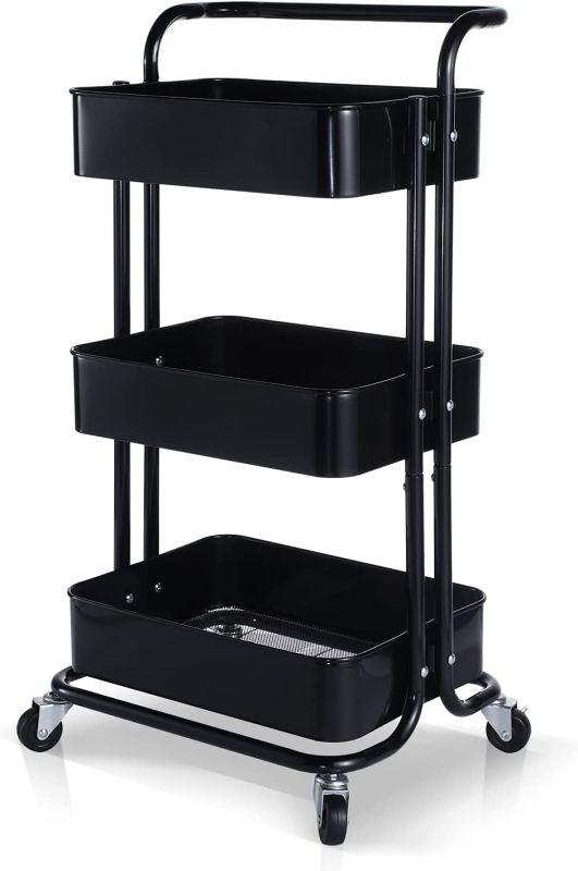 Simplelux 3-Tier Metal Rolling Utility Cart with Wheels and Handle, Black
