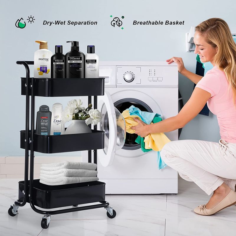 Simplelux 3-Tier Metal Rolling Utility Cart with Wheels and Handle, Black