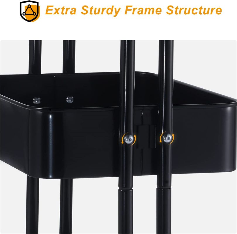 Simplelux 3-Tier Metal Rolling Utility Cart with Wheels and Handle, Black