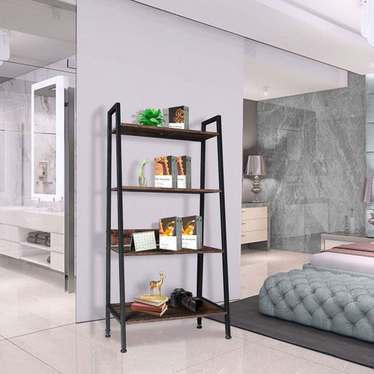 Simplelux 4-Tier Ladder Bookshelf Organizer, Rustic Brown Ladder Shelf