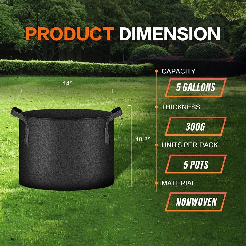 Simplelux 5 Gallon Grow Bags, 5-Pack Black