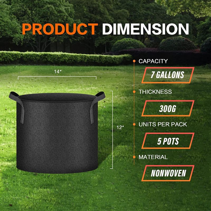 Simplelux 7 Gallon Grow Bags, 5-Pack Black