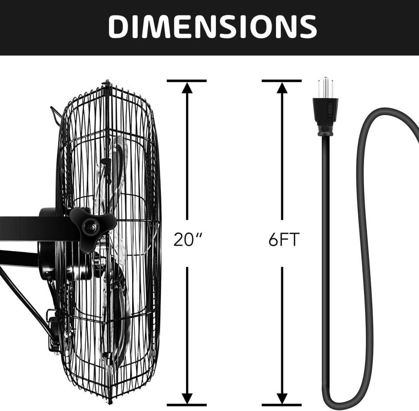 Simplelux 20 Inch High Velocity 3 Speed, Black Wall-Mount Fan