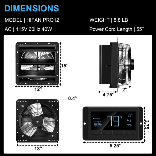 Simplelux 12 inch Shutter Exhaust Fan with Temperature Humidity Controller