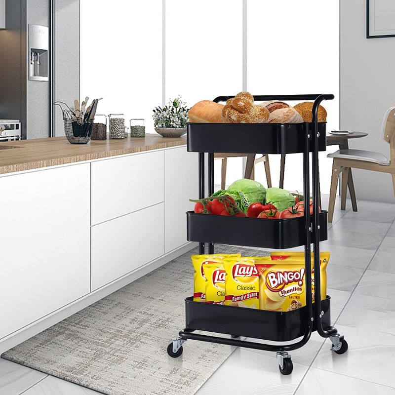 Simplelux 3-Tier Metal Rolling Utility Cart with Wheels and Handle, Black
