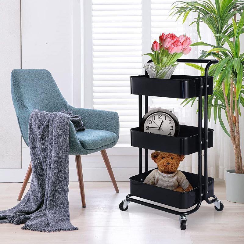 Simplelux 3-Tier Metal Rolling Utility Cart with Wheels and Handle, Black