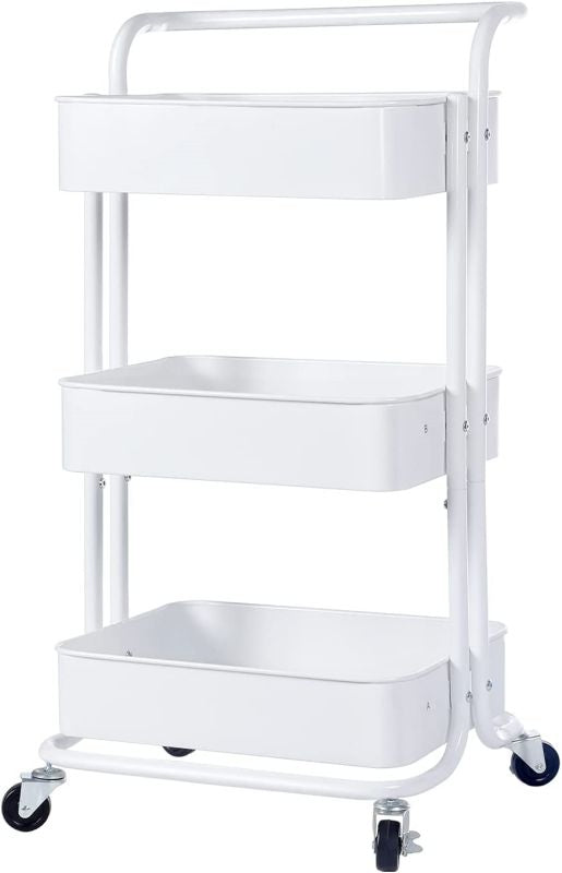 Simplelux 3-Tier Rolling Storage Utility Cart with Wheels and Handle, White